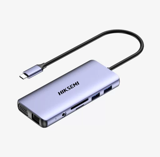HUB MULTIPUERTO HIKSEMI INTERFAZ USB-C, SALIDAS HDMI 4K, SD, TF, USB3.0*3, USB2.0, 100W PD FAST CHARGE SILVER ALUMINIO HS-HUB-DS8
