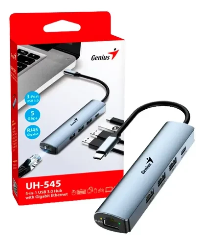 HUB GENIUS UH545 USB C A 5 PUERTOS 3 USB A 1 USB C 1 RJ45 GE WIN 10 11 MAC