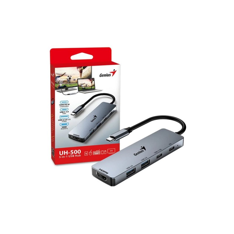 HUB GENIUS UH-500 USB-C A 5 PUERTOS /USB-A (2) /USB-C (1) /HDMI (1) /PD CARGA (1) /WIN 10/11 /MAC